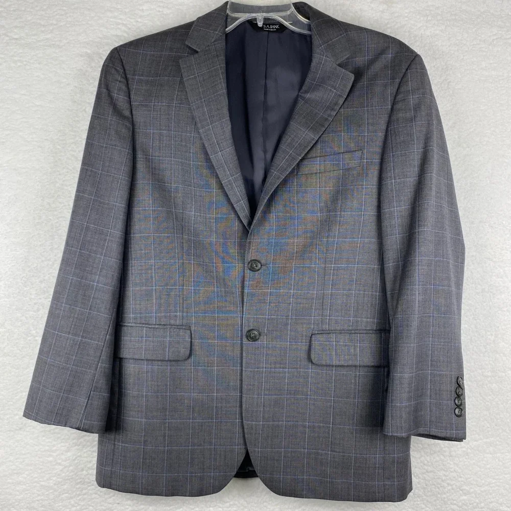 Jos A Bank Traveler's Collection Gray Windowpane Plaid 100% Wool Blazer 40R